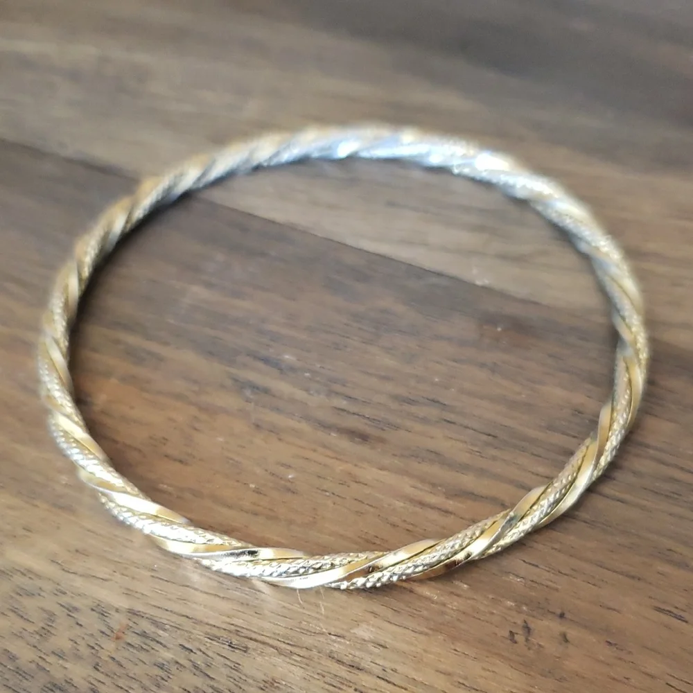 Elegant Entwined Gold and Silver Twisted Two Tone Bangle Bracelet